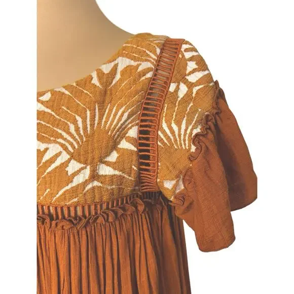 FREE PEOPLE Vintage Charm Relaxed Fit Flowy Embroidered Ruffled Midi Dress Sz XS - Picture 6 of 15